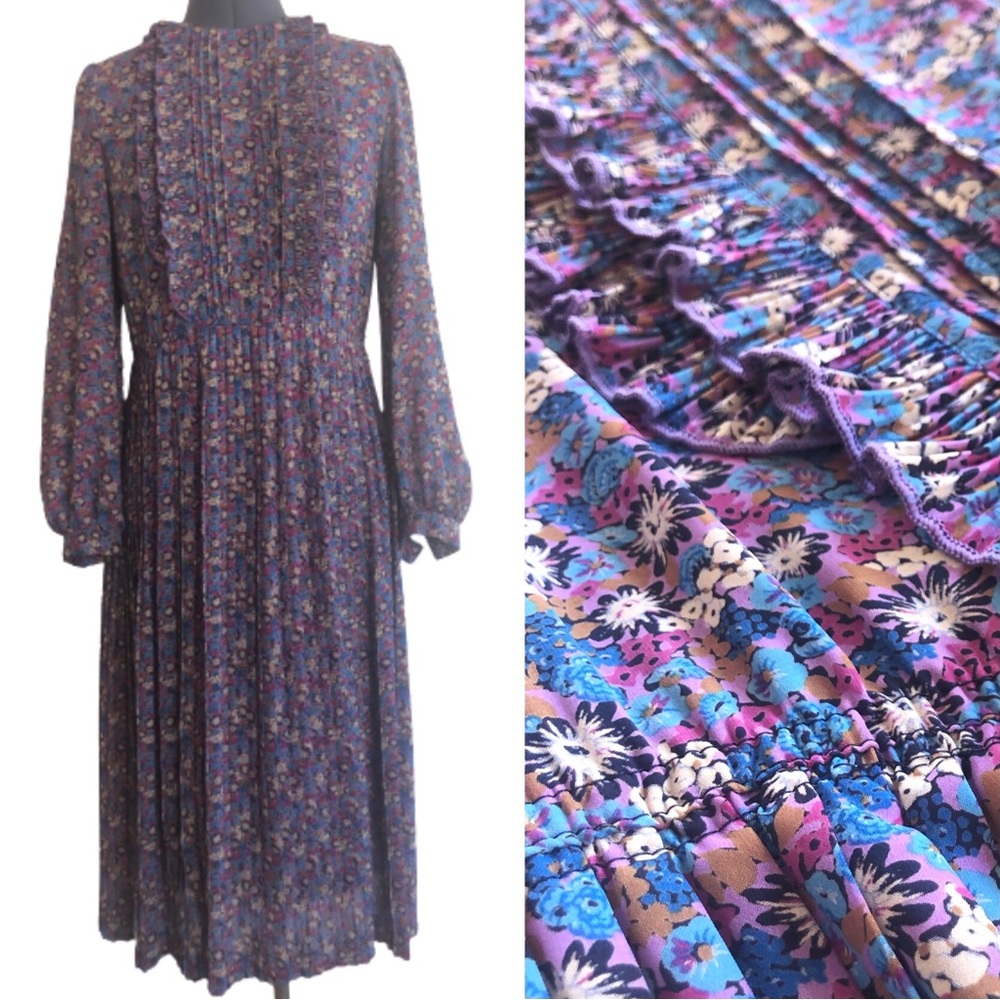 Vintage Ruffles Pleats Floral Dress Long Sleeve Colorful Fuchsia Lavender Silky - Picture 1 of 16
